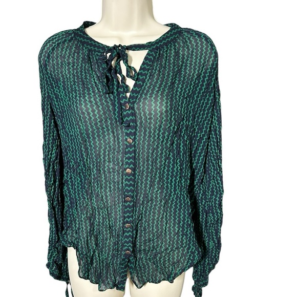 Maeve Anthropologie Della Sheer Chevron Button Up Long Sleeves Top Medium - Picture 2 of 8